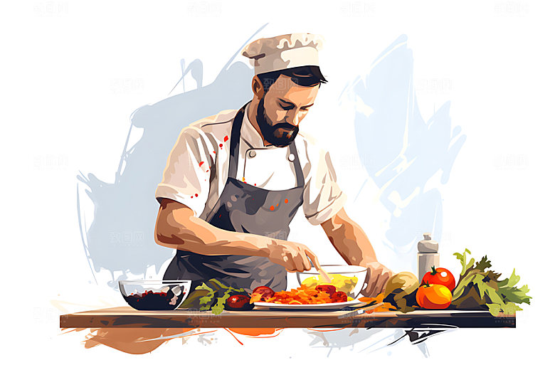 厨师餐饮美食制作扁平风插画