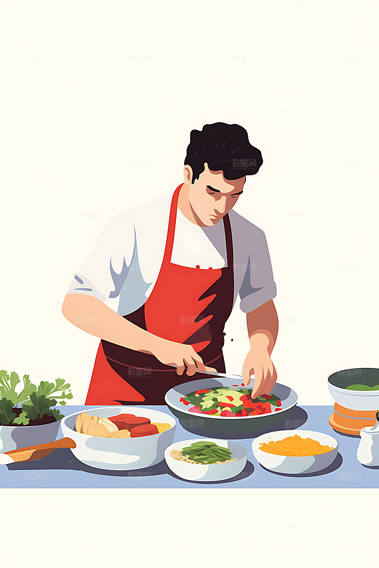 厨师大厨烹饪扁平风插画