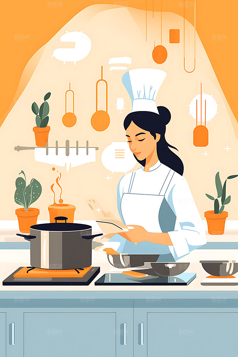 厨师厨房美食制作扁平风插画