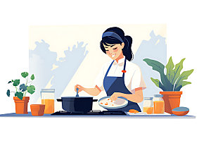 厨师烹调餐饮扁平风插画