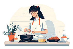 厨师烹饪厨房扁平风插画