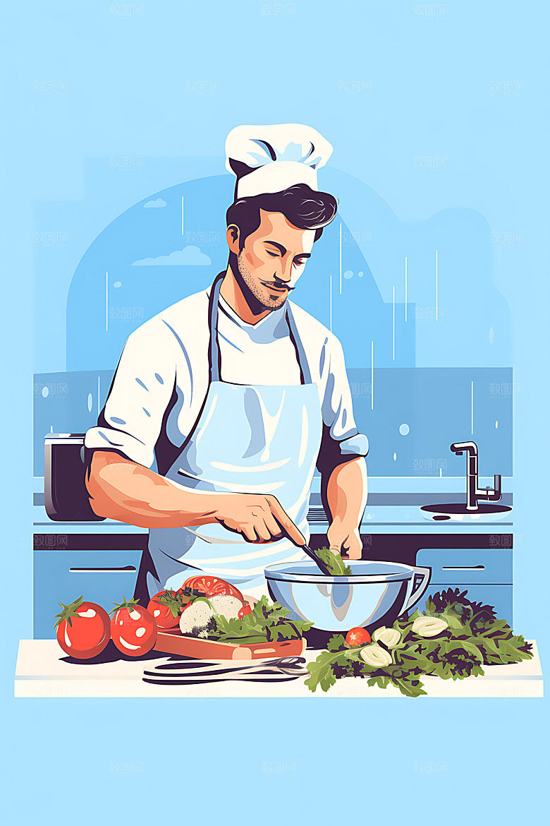 厨师美食制作烹调扁平风插画
