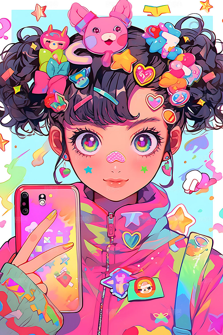 多巴胺女孩扁平风卡通插画