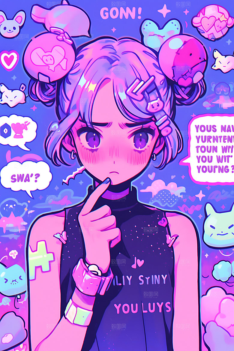 多巴胺女孩扁平风彩色插画