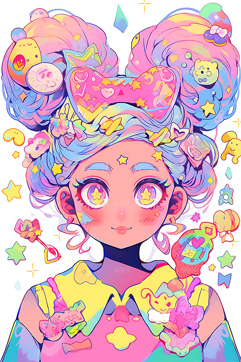 多巴胺女孩甜美手绘插画