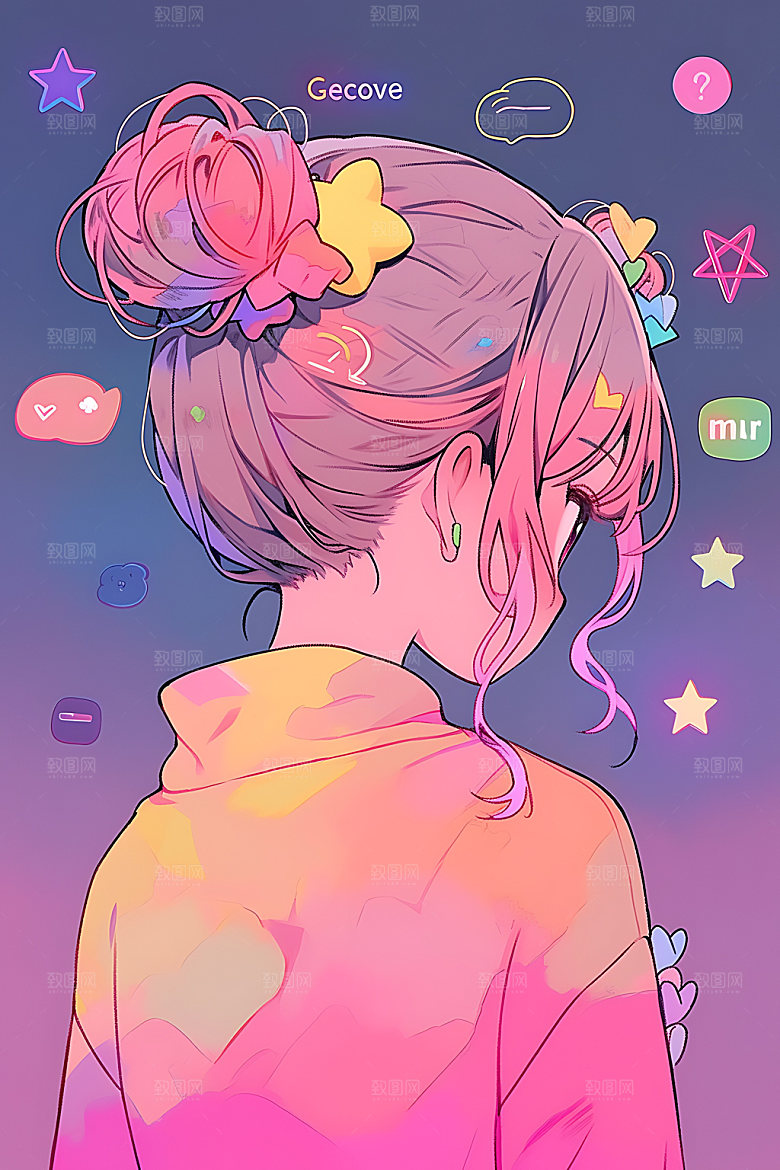 多巴胺女孩彩色水彩插画