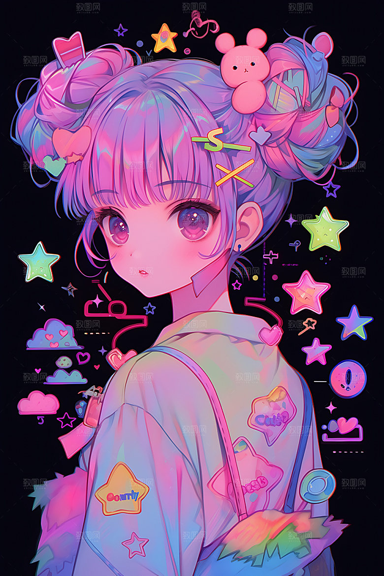 多巴胺女孩彩色水彩插画
