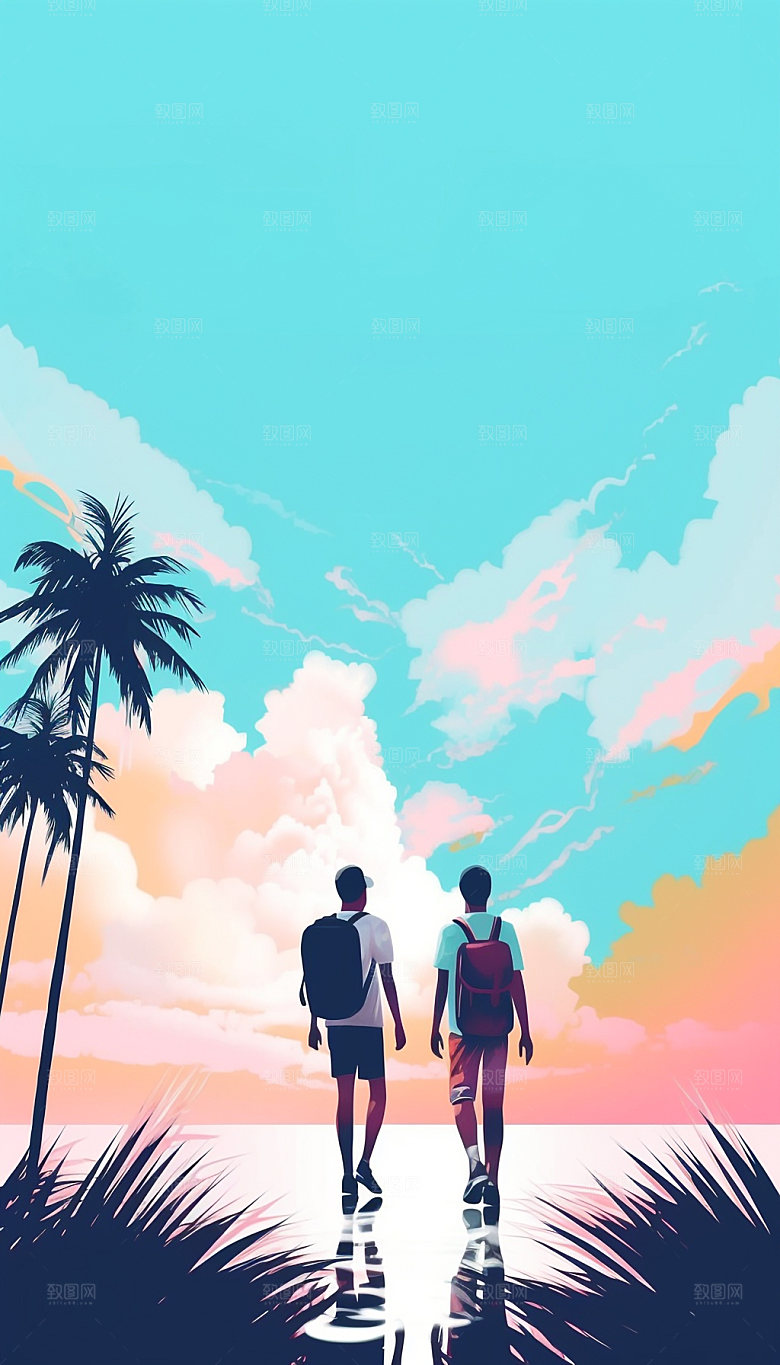 扁平风海边夏天夏日插画