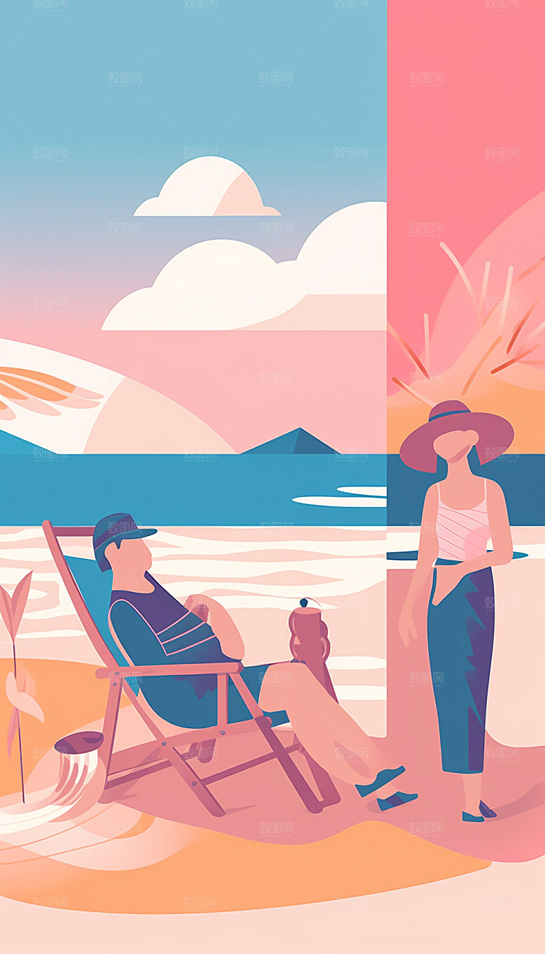 扁平风海边度假夏日插画