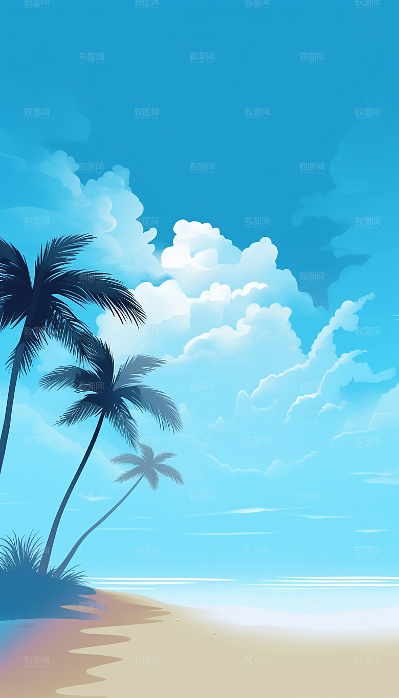 扁平风海边沙滩大海插画