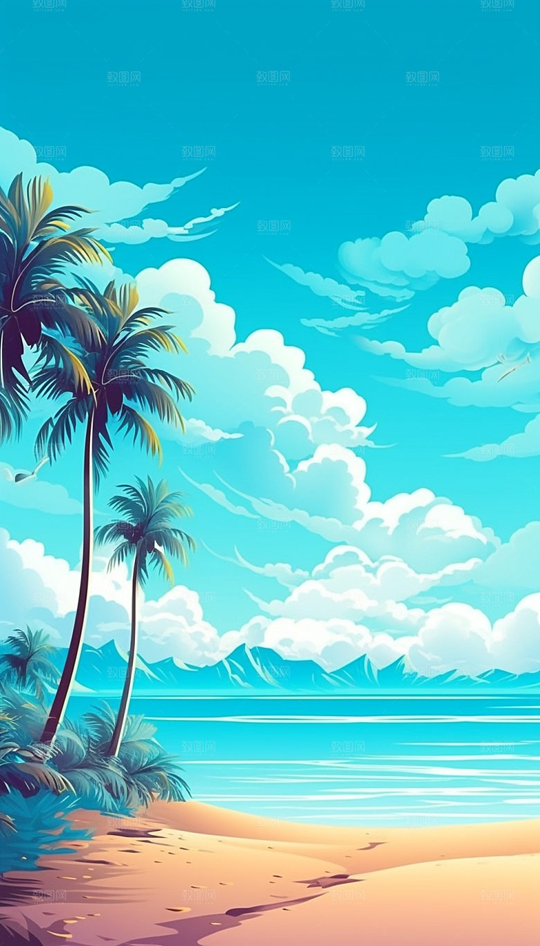 扁平风海边风光海岛插画