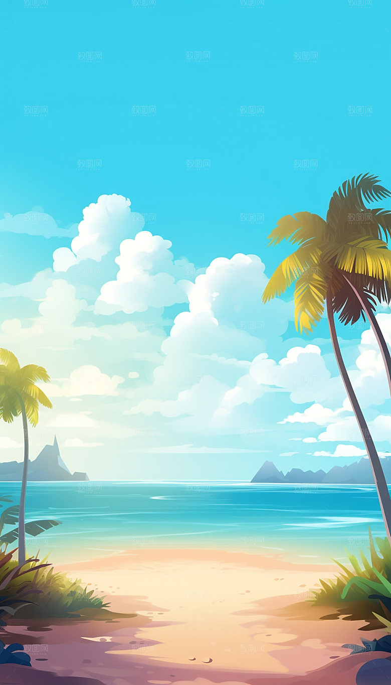 扁平风海边风光夏天插画