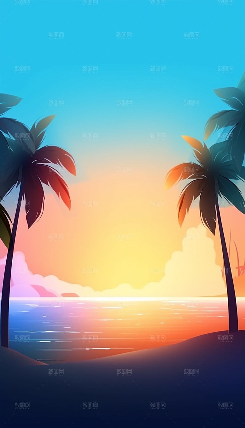 扁平风海边旅游沙滩插画