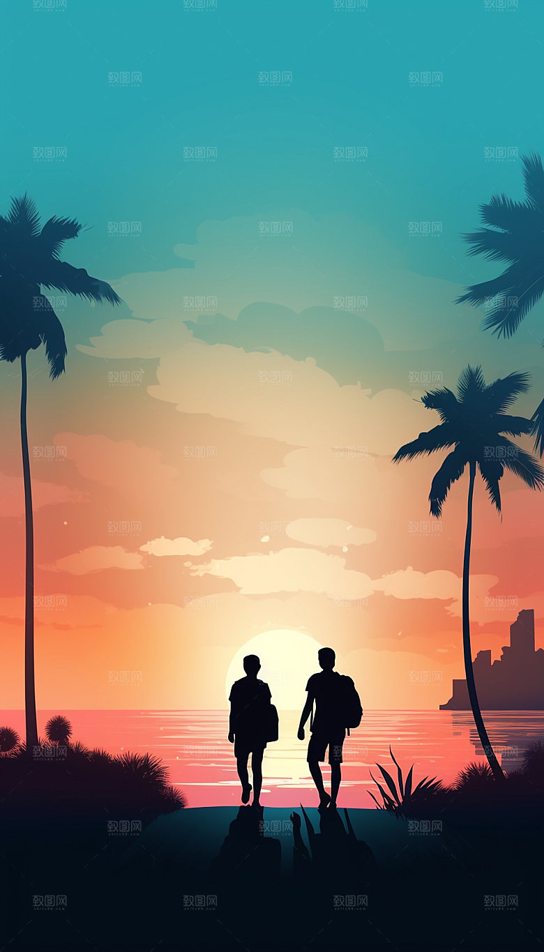 扁平风海边夏天旅游插画