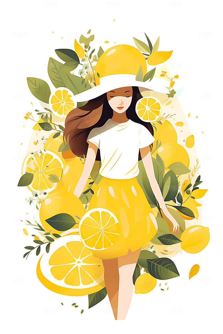 植物女孩清新甜美扁平风插画