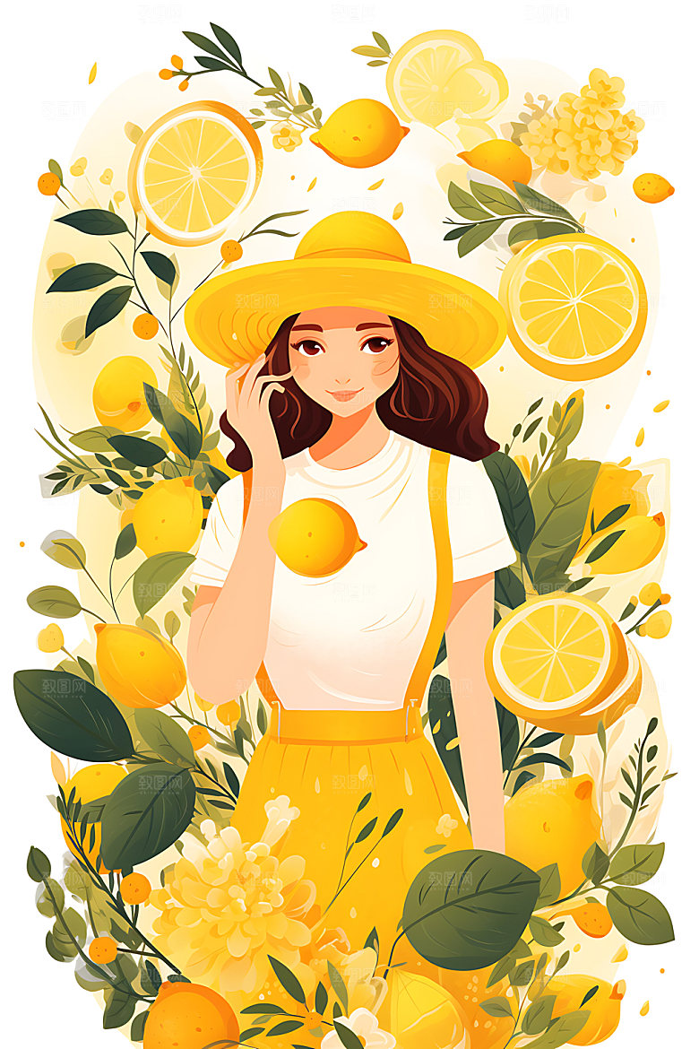 植物女孩青春手绘扁平风插画