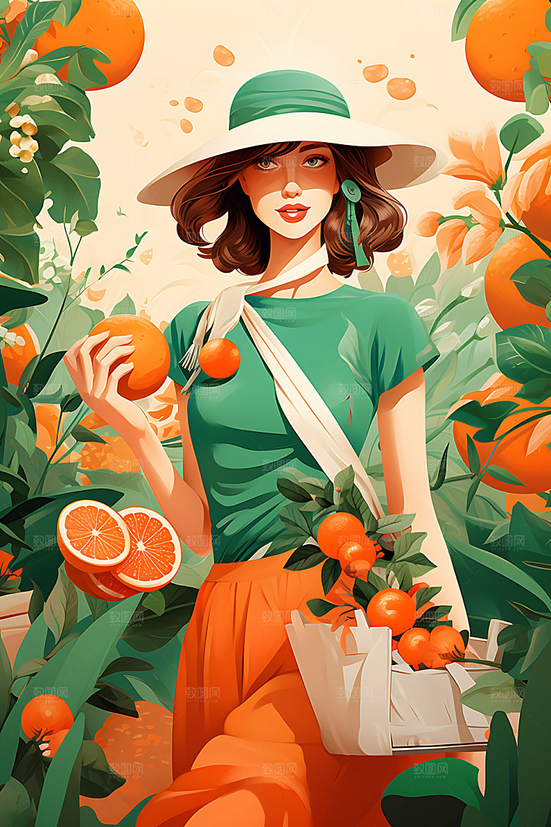 植物女孩清新手绘扁平风插画