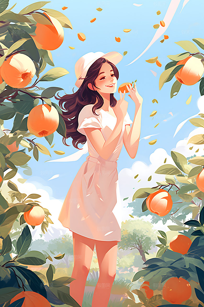 植物女孩清新手绘扁平风插画
