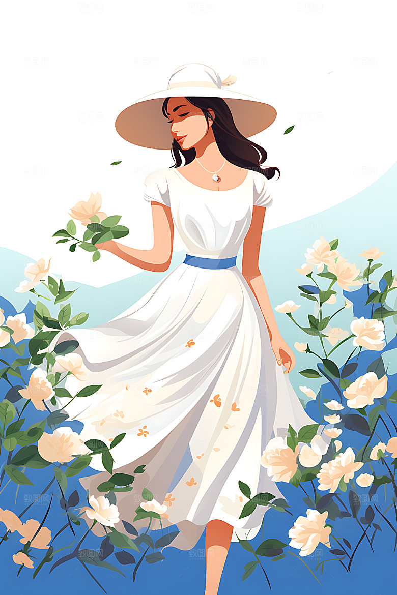 植物女孩手绘甜美扁平风插画