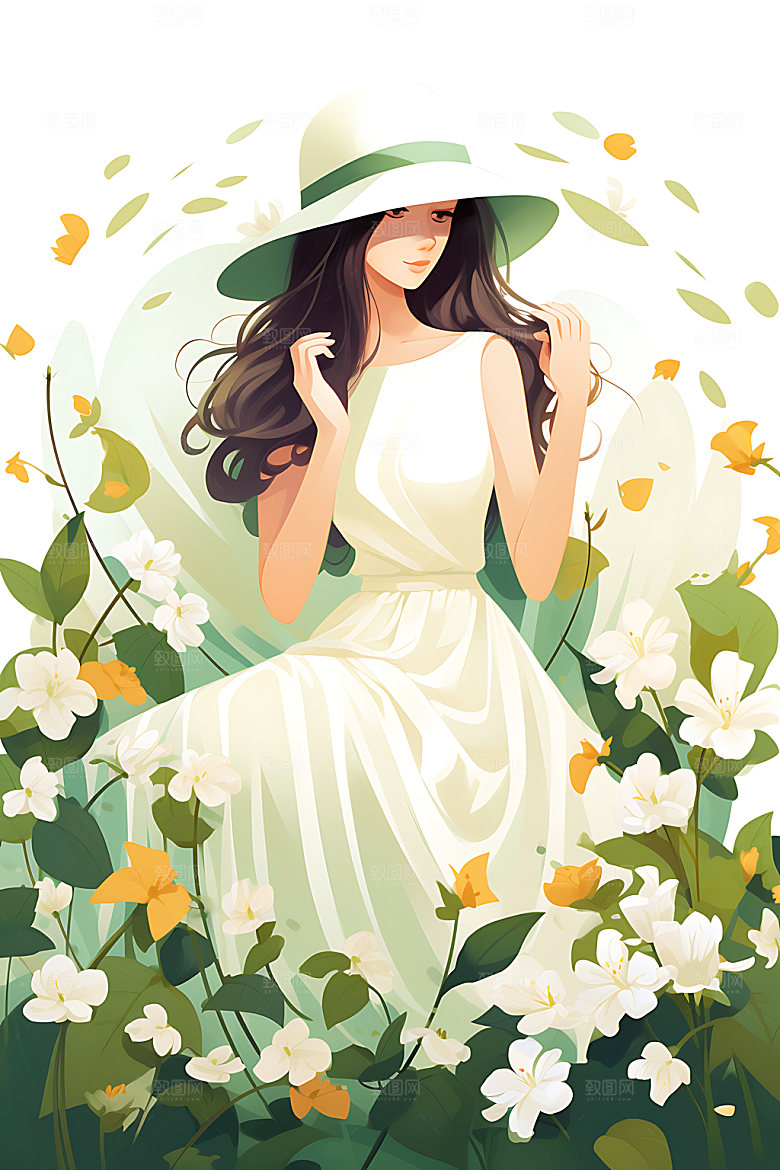 植物女孩青春手绘扁平风插画