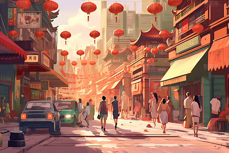 集市热闹风格化扁平风插画