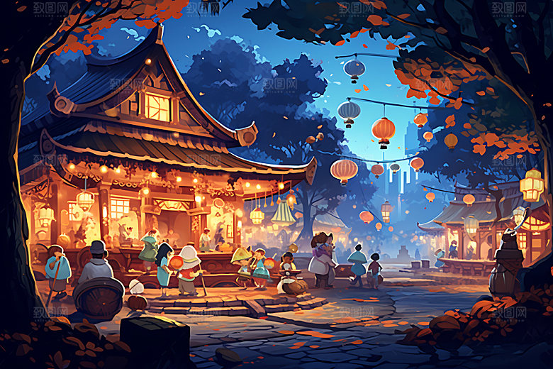 集市人山人海风格化扁平风插画