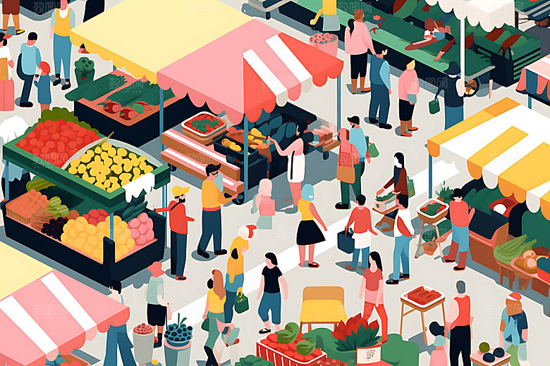 集市市场户外市集扁平风插画