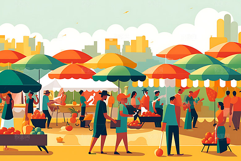集市户外市集赶集扁平风插画