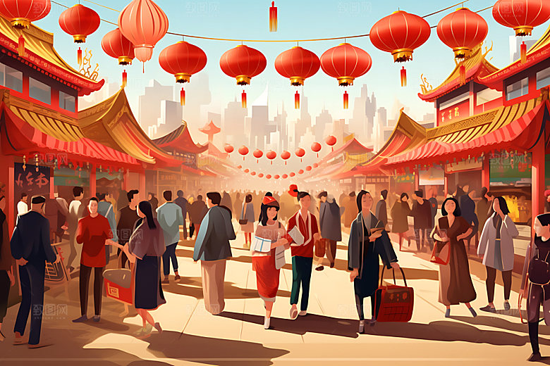 集市场景人山人海扁平风插画