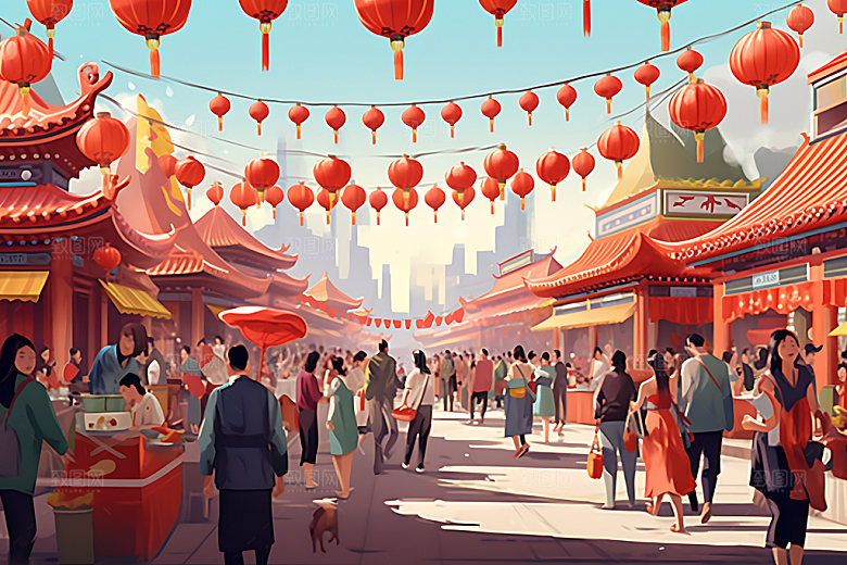 集市市场热闹扁平风插画