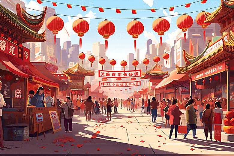 集市场景热闹扁平风插画