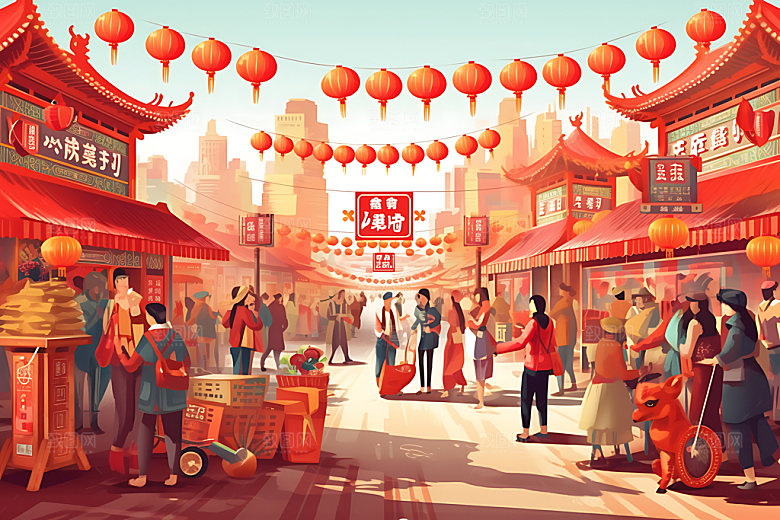 集市艺术热闹扁平风插画