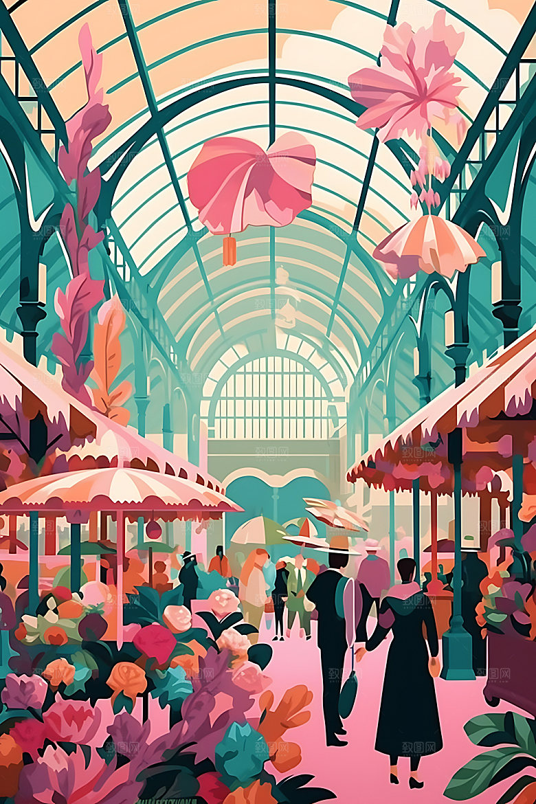 集市场景小摊扁平风插画