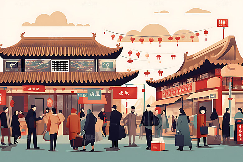集市场景赶集扁平风插画
