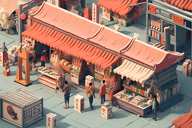 集市市场小摊扁平风插画