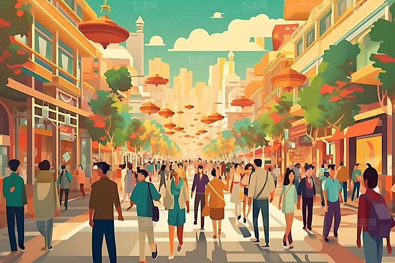 集市市场风格化扁平风插画