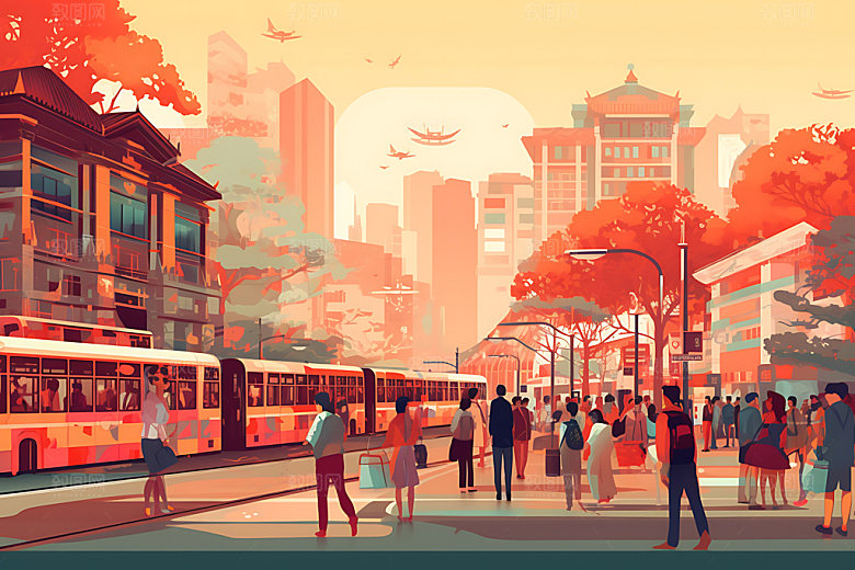 集市人山人海市场扁平风插画