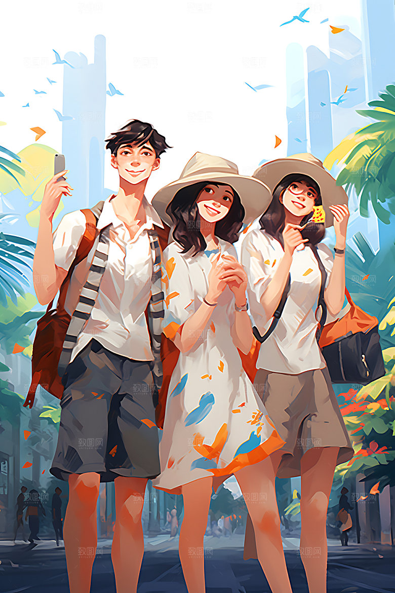 暑假旅游水彩学生插画