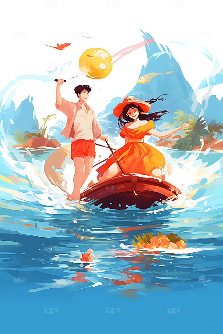 暑假旅游水彩卡通插画