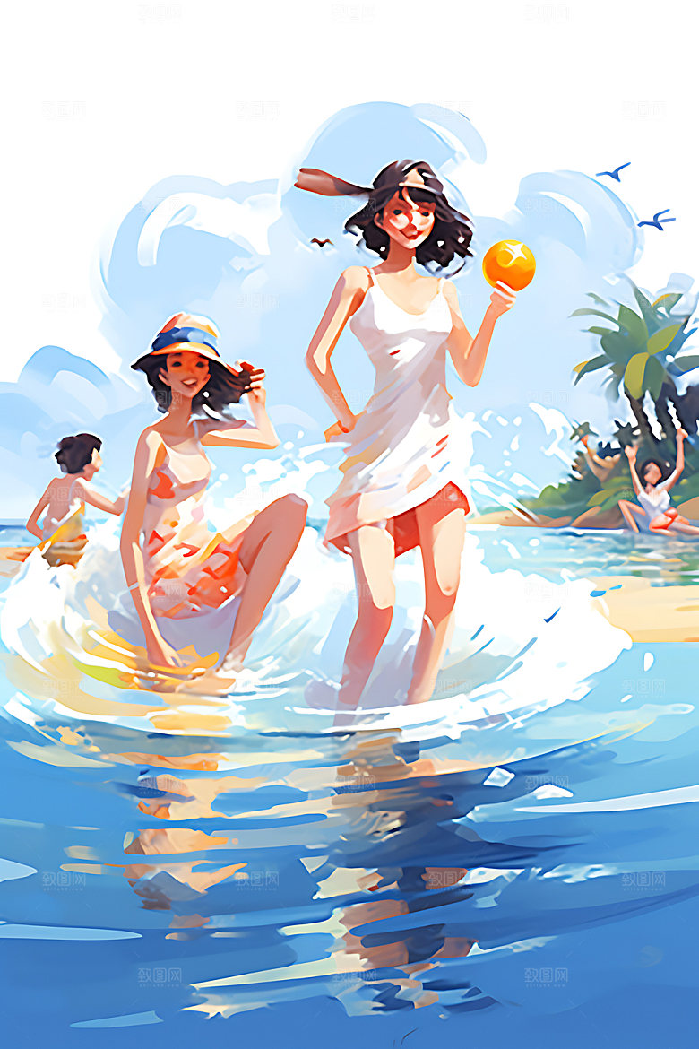 暑假旅游出游水彩插画