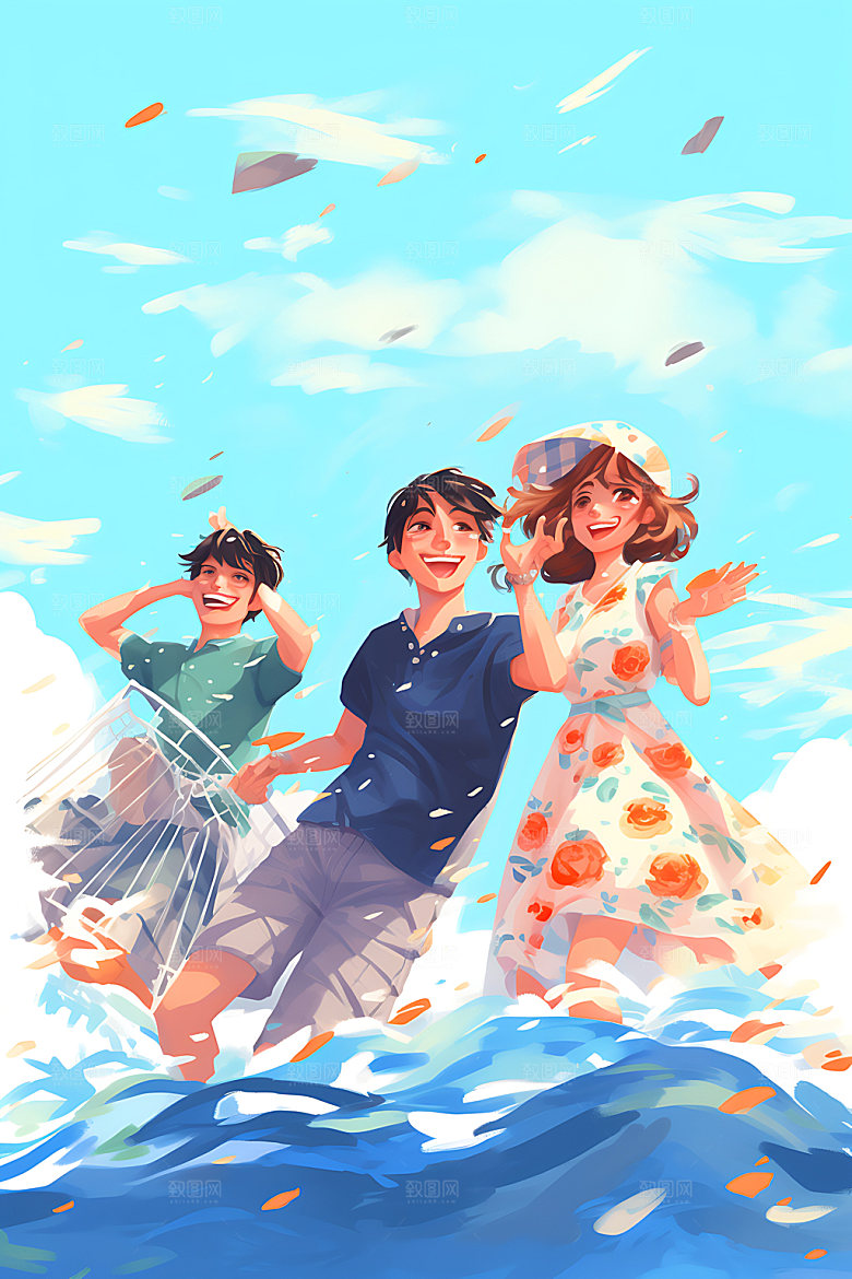 暑假旅游水彩手绘插画