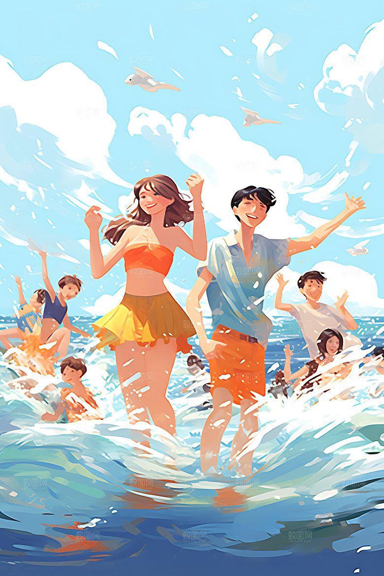 暑假旅游海边毕业旅行插画