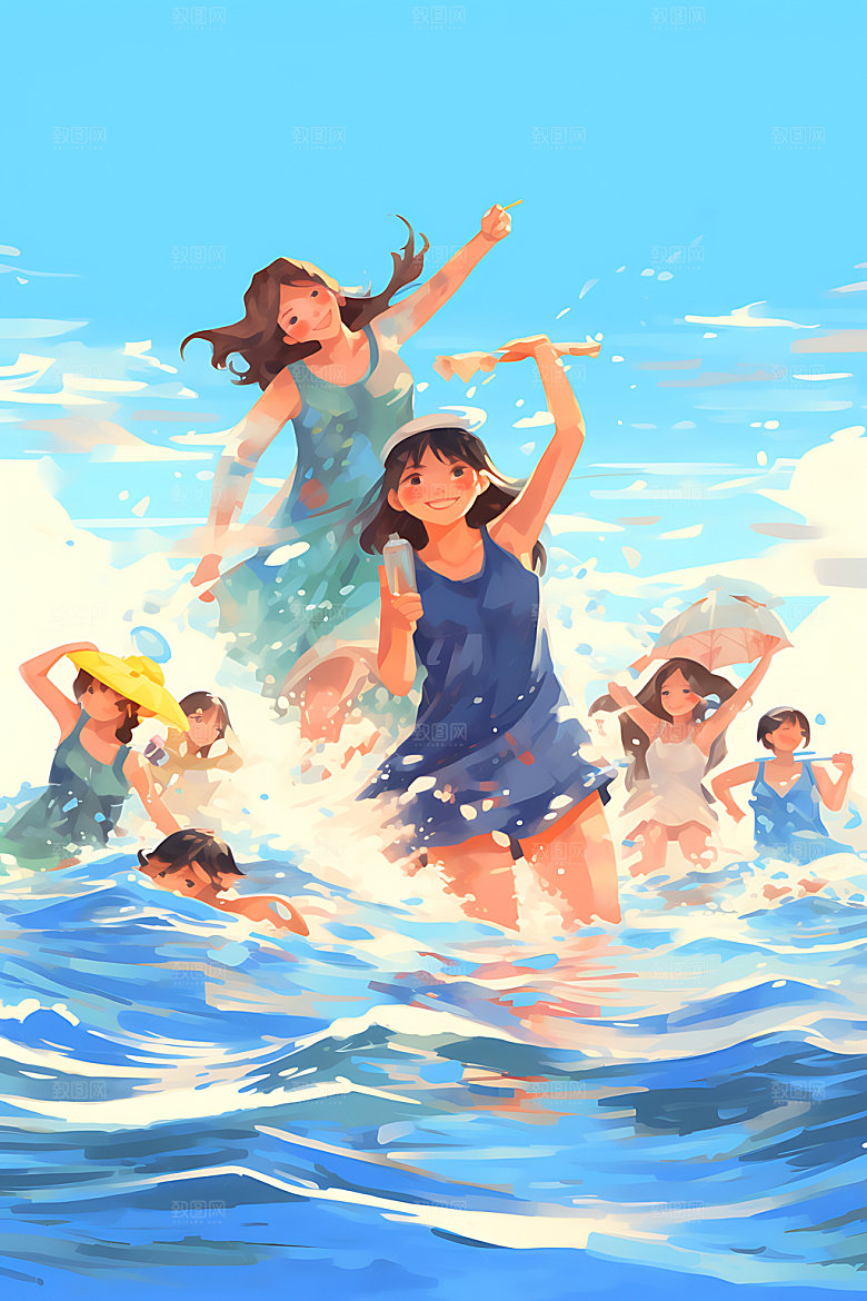 暑假旅游水彩出游插画