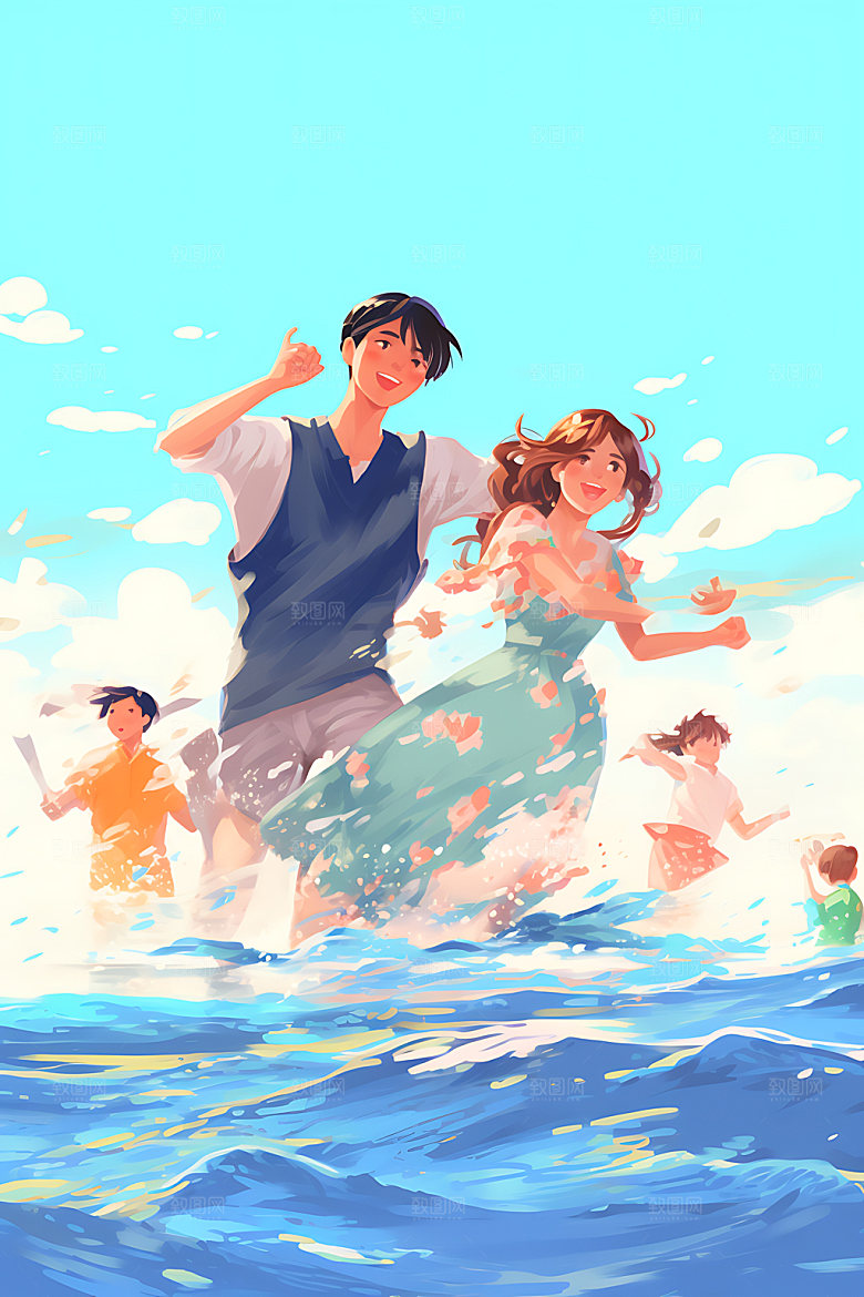 暑假旅游水彩出游插画