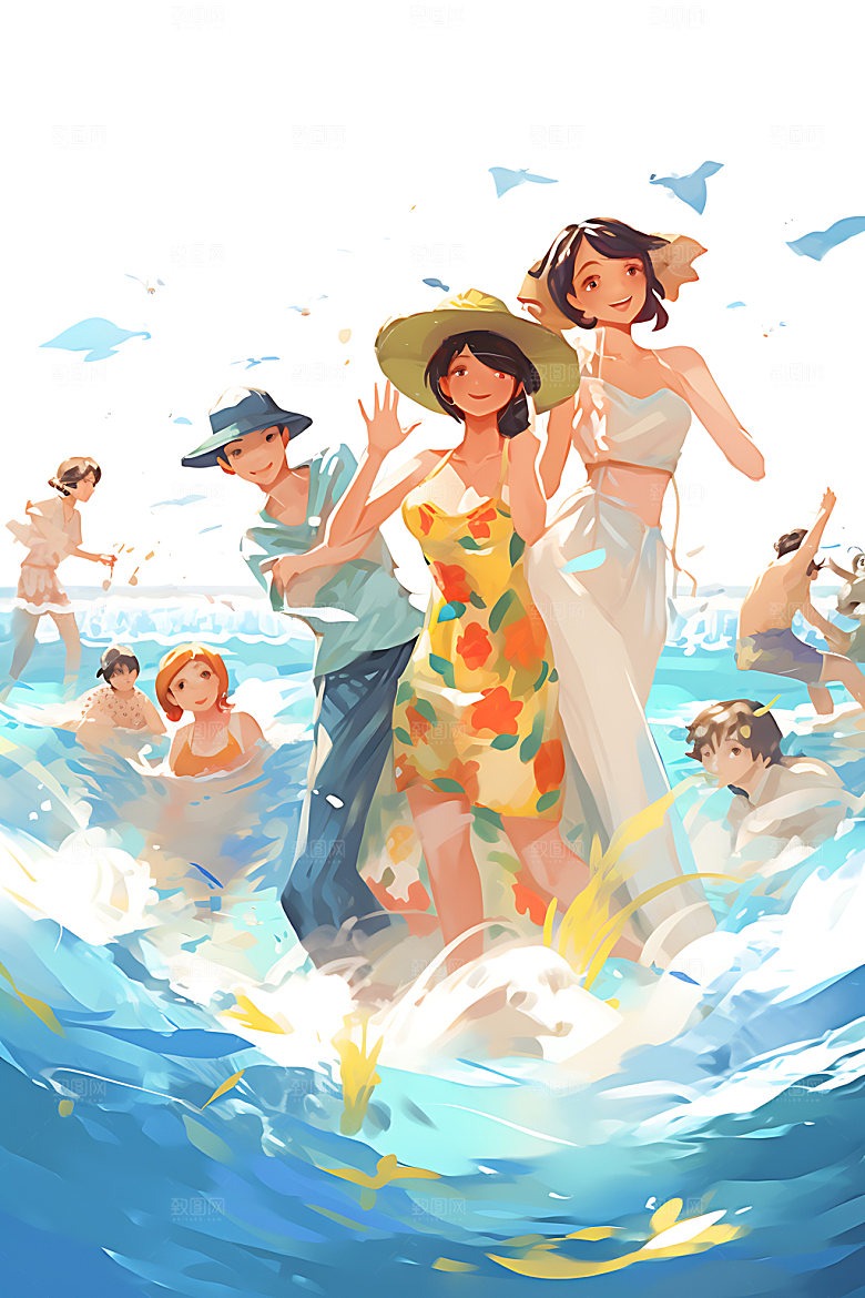 暑假旅游扁平风水彩插画