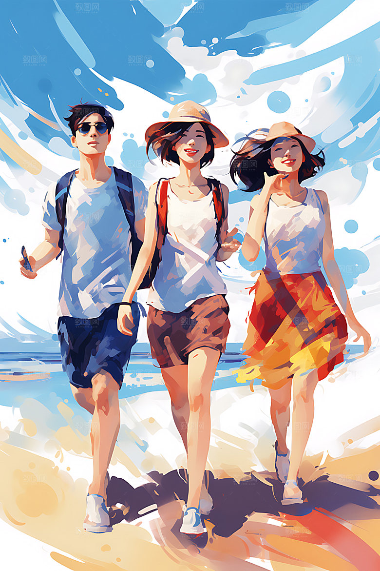 暑假旅游扁平风海边插画