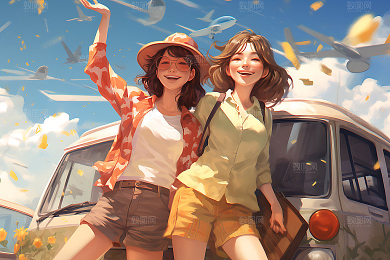 暑假旅游卡通毕业旅行插画
