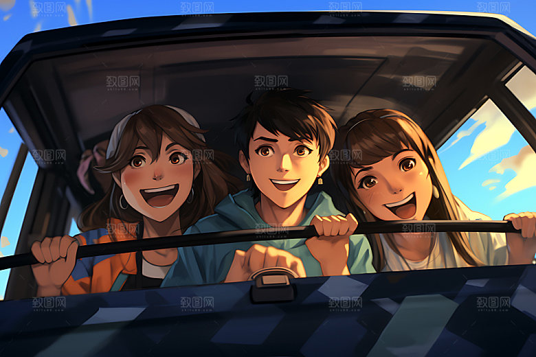 暑假旅游水彩卡通插画