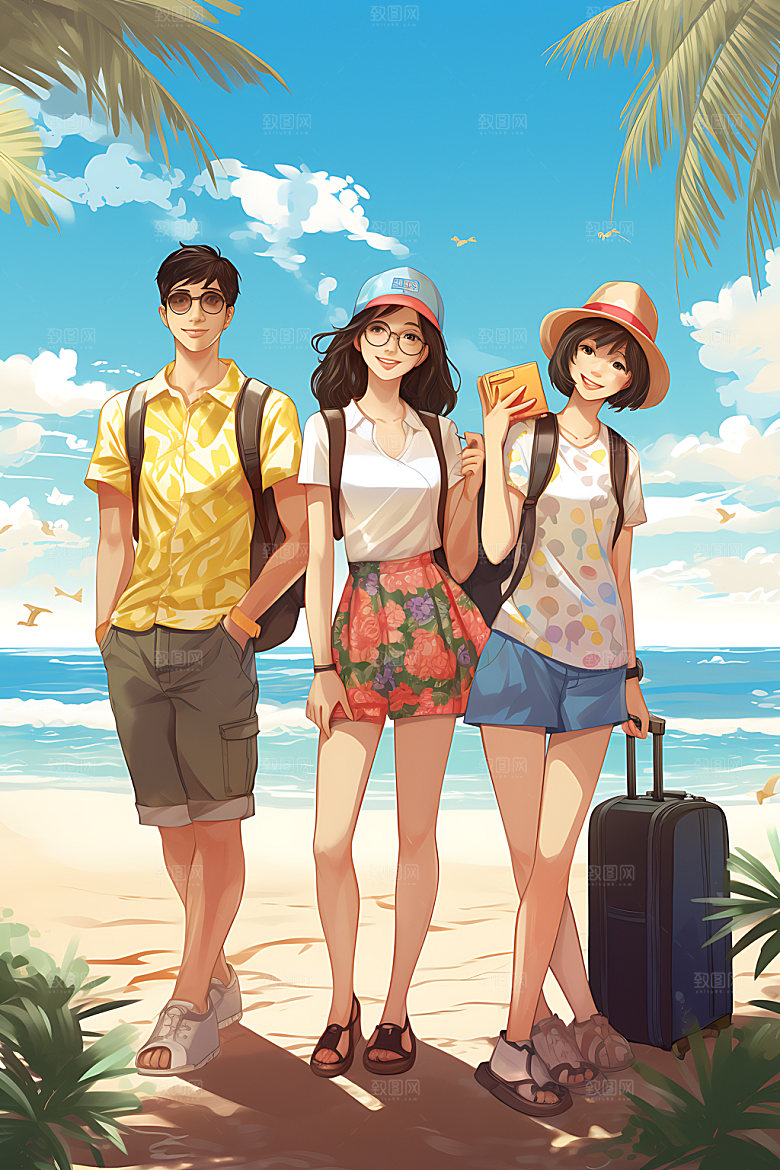 暑假旅游水彩度假插画