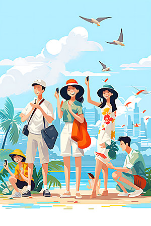 暑假旅游水彩手绘插画